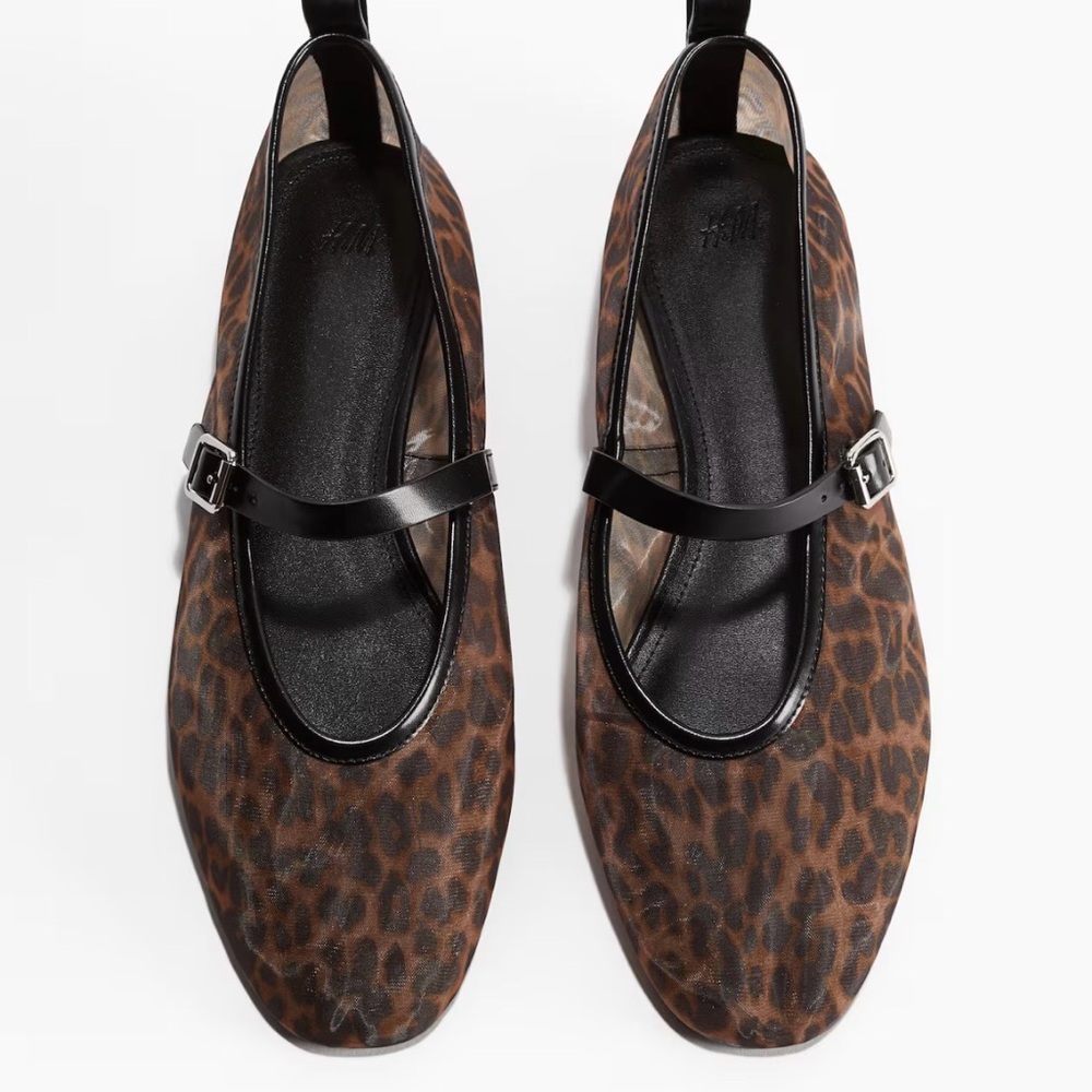 H&M Mesh Mary Jane Ballet Flats NWT Black Brown Leopard Print Size 8 - Picture 2 of 12